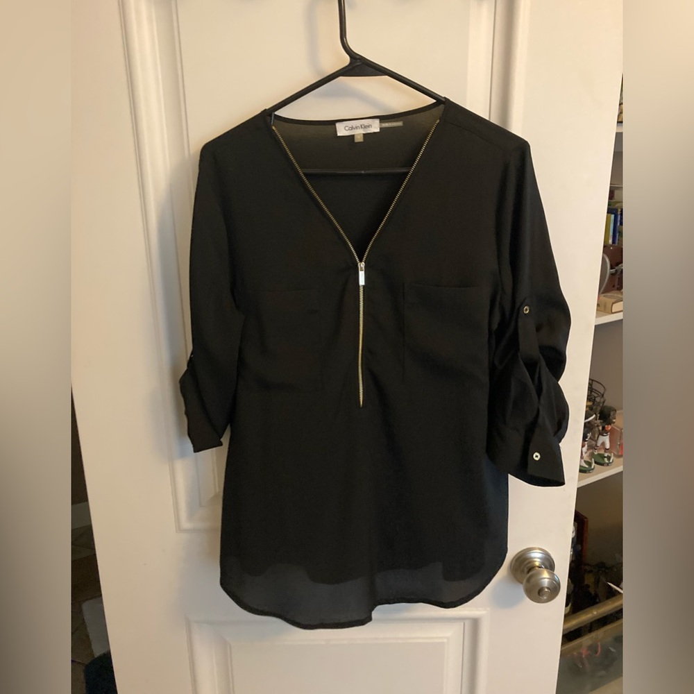 Calvin Klein rolled sleeve top with gold zipper detail